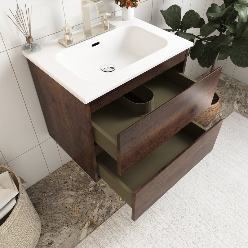 Meuble-lavabo mural 24 po avec lavabo en céramique et trois trous de robinet