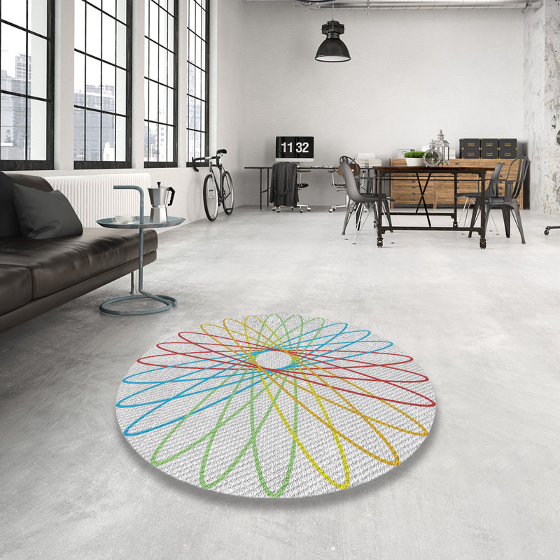 Tapis bleu/rouge à motifs, Rond 5 pi
