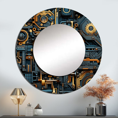 Ryin Steampunk industriel doré et bleu sarcelle géométrique - grand miroir mural géométrique, miroir doré unique, art imprimé en métal