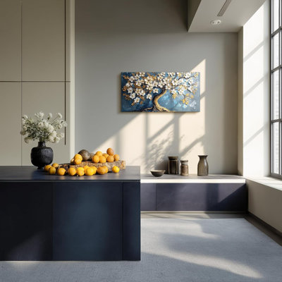 Arbre de vie, art mural sur toile grand arbre, décorations de bureau moderne abstrait arbre doré, œuvre d'art floral blanc pour murs