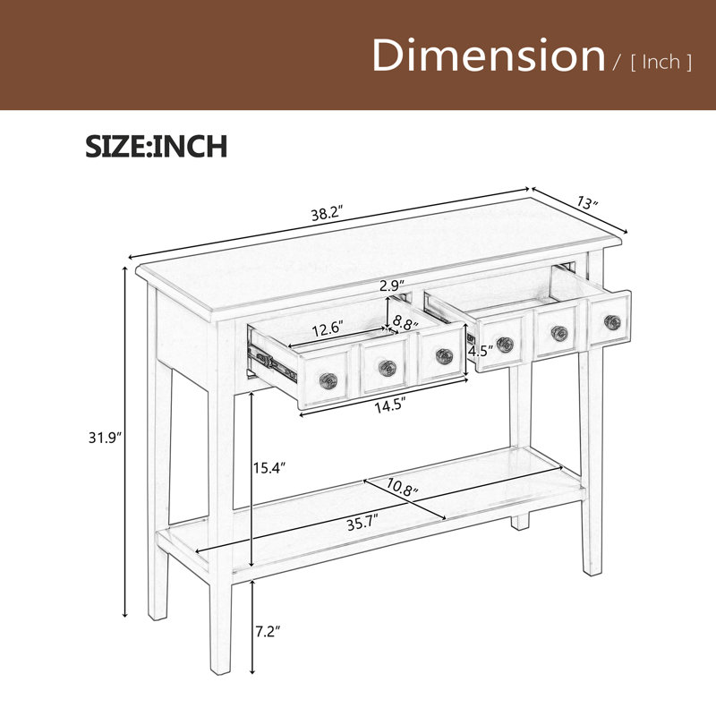 Table d'entrée avec 2 tiroirs, console rustique avec tablette ouverte et pieds en bois d'hévéa pour les entrées, les salons et les couloirs