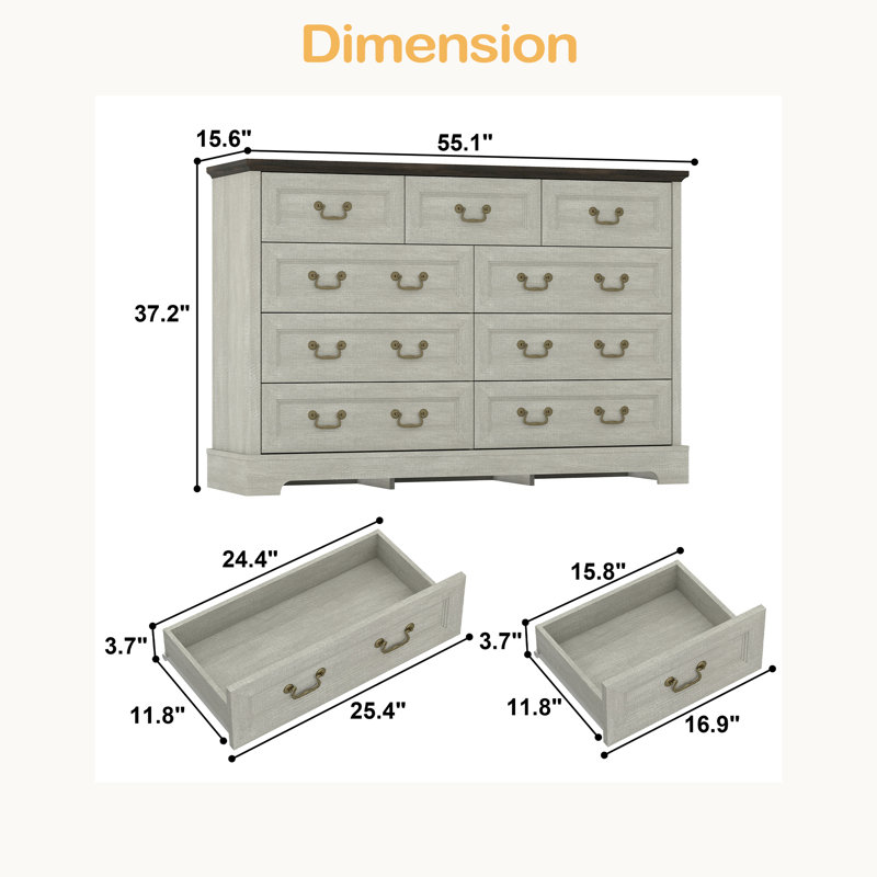 Commode 9 tiroirs Farmhouse, commode en bois rustique avec poignées en métal, large meuble télé avec commode pour la chambre