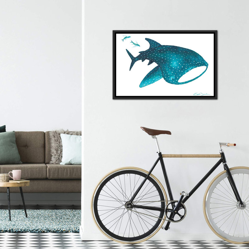 " Whale Shark And Fishes ", Distressed Black Framed Canvas, No Mat, 26" H x 40" W x 1.5" D