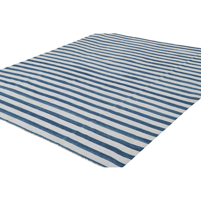Rug & Kilim’S Contemporary Dhurrie Rug In Navy Blue And Off-White Stripes