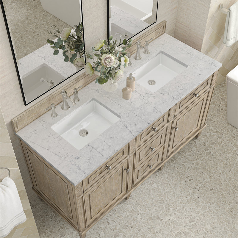 Lorelai 60'' Double Bathroom Vanity with Top, Whitewashed Oak, Eternal Jasmine Pearl, 8" Widespread