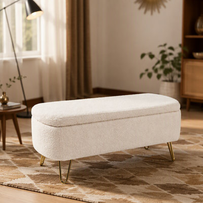 Banc de rangement avec repose-pieds ivoire et ivoire blanc, banc d'entrée en fausse fourrure blanc ivoire rembourré avec rangement pour le salon