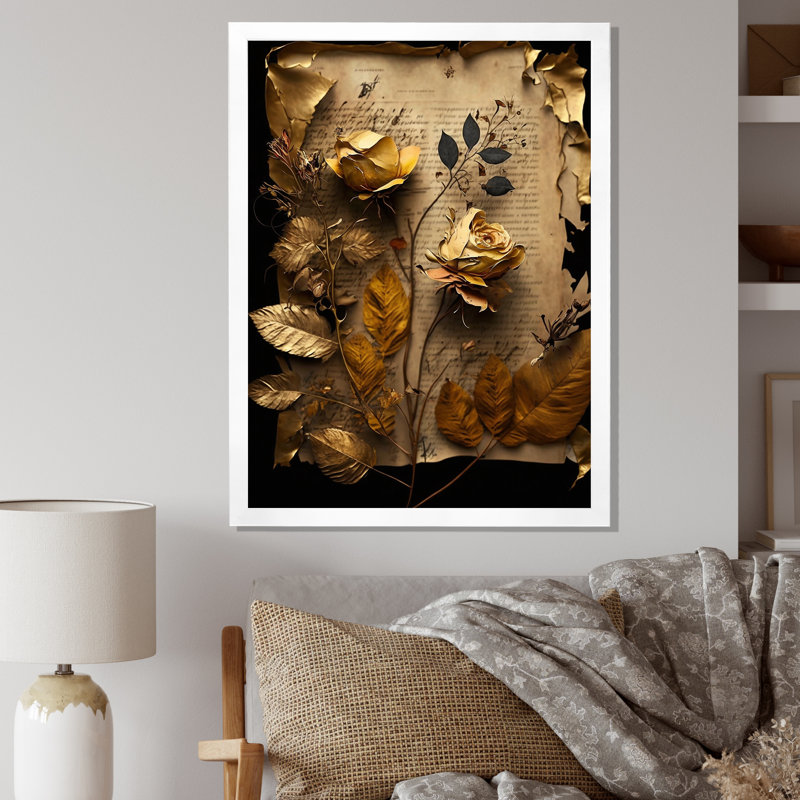 Roses jaunes séchées sur toile, Cadre photo blanc, H 32 po x l 24 po x P 1 po