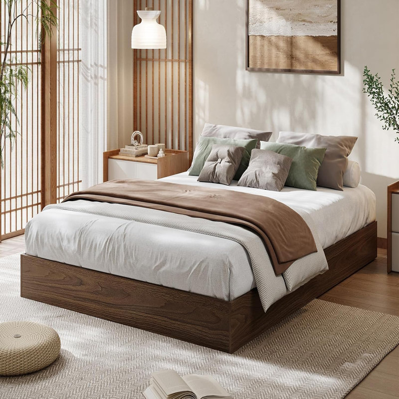 Twin Platform Bed – Walnut, No Headboard, Sturdy Wood Slats