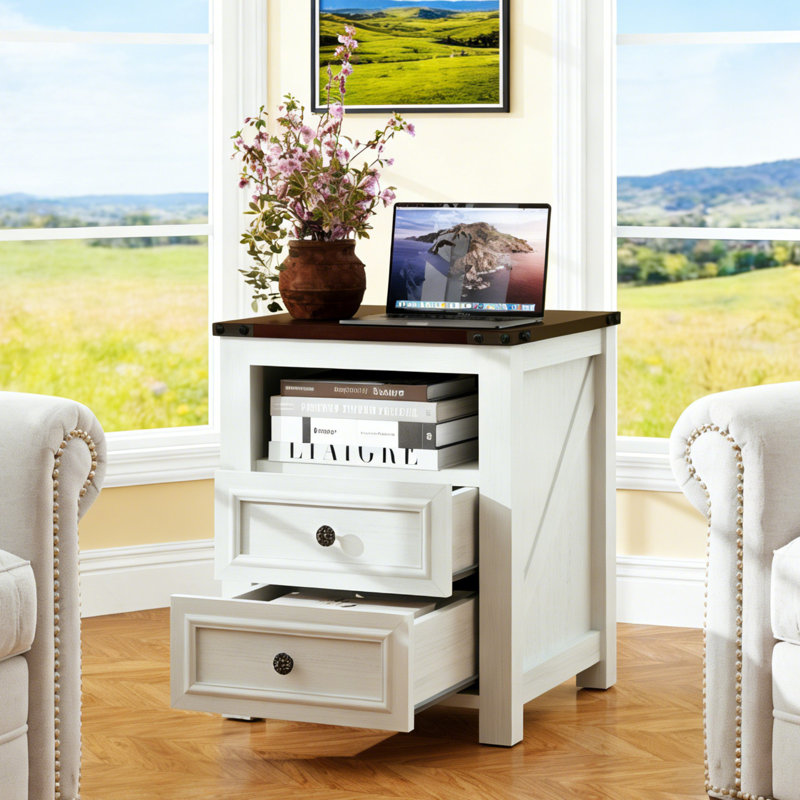 Table de chevet et table de bout 18 po avec station de charge et tablette de rangement ouverte, Blanc, Ensemble de 1