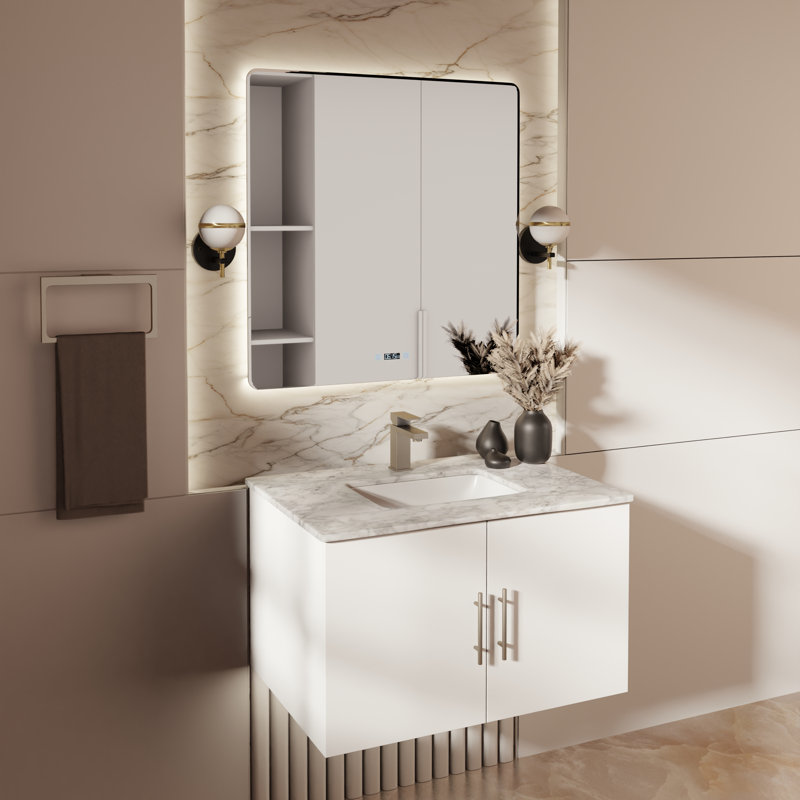 Geneva 30" Wall-Mounted Single Bathroom Vanity Set, Glossy White, White Carrara Marble