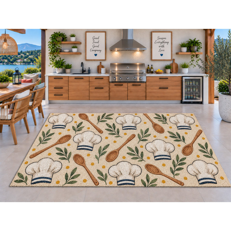 Tapis d'extérieur 152 x 213 cm (5 pi x 7 pi) à motif chapeau de chef, cuillère en bois et pois moutarde. Tapis épais, imperméable, en PVC bouclé, séchage rapide, idéal pour la cuisine, le porche, la terrasse ou l'entrée.