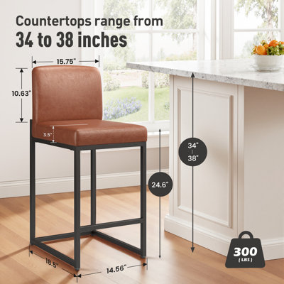 24" Modern Upholstered Kitchen Counter Stool with Black Metal Sled Base & Brown Faux Leather (Set of 2)