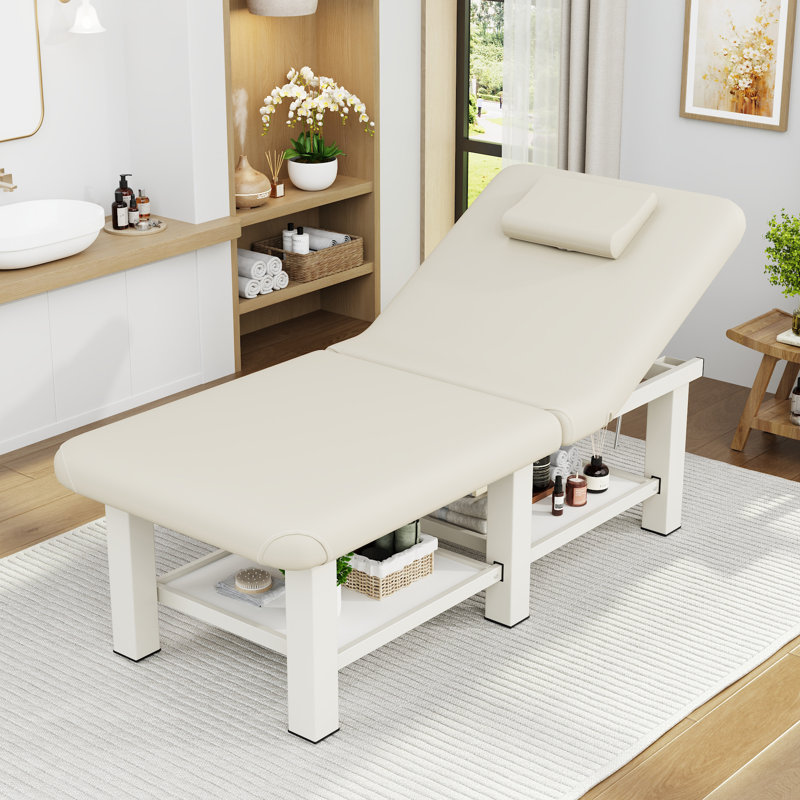 Lit de massage professionnel de 75 po avec dossier réglable, table de thérapie physique, lit de massage Spa Lash, table de massage pliante avec 6 pieds en métal et tablette de rangement - beige