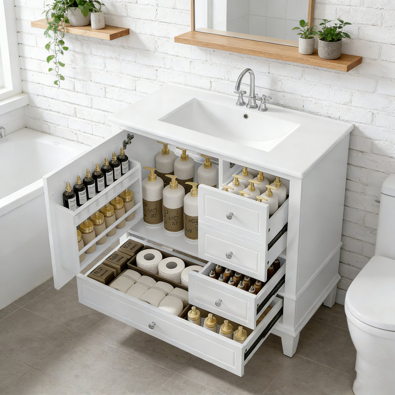 Meuble-lavabo de salle de bain avec lavabo, 3 tiroirs et tablettes de porte, Blanc