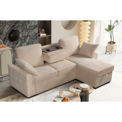Ensemble : Canapé d'angle 3 places avec porte-gobelets amovible, méridienne de rangement, aménagement modulaire, tissu chenille beige, structure en bois pour salon, aménagement de l'espace