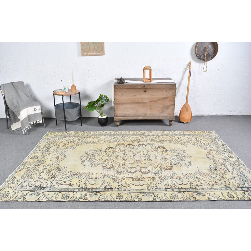 Grand tapis Oushak turc rétro fabriqué à la main brun / vert