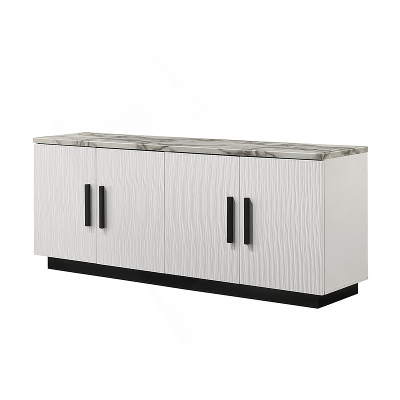 Grande console blanche de 63 pouces de large avec plateau en faux marbre Reine pour un intérieur moderne et élégant