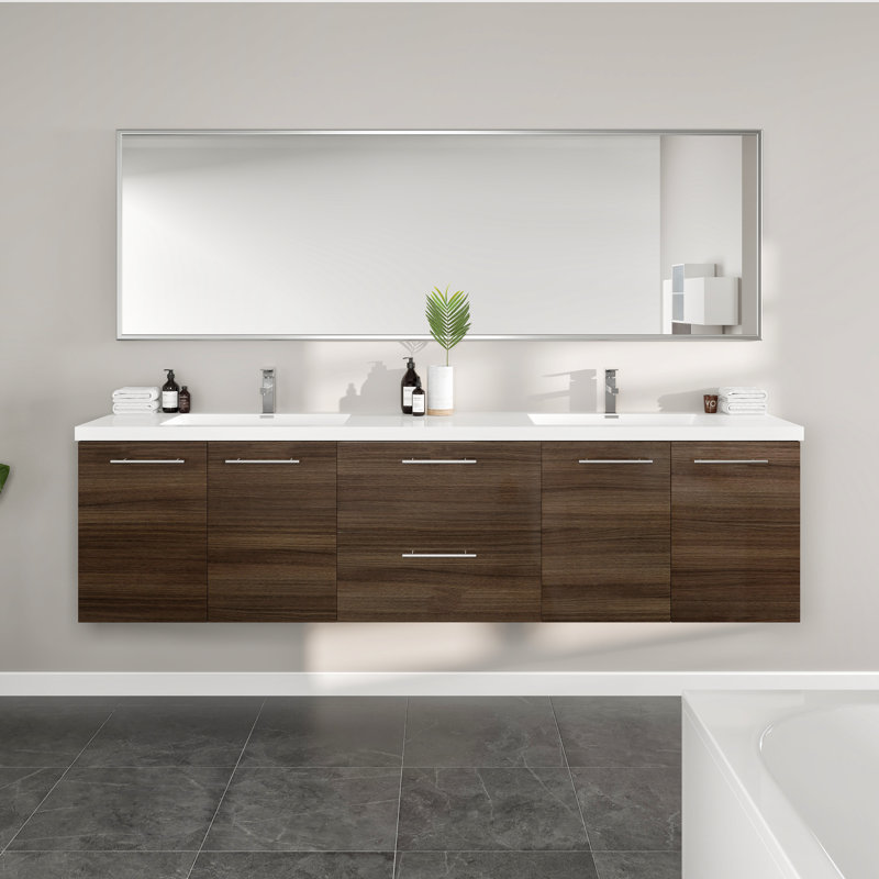 Lumina 84 In.  Wall Mount Double Sink Bath Vanity With Acrylic Top And Integrated Sinks, Gray Oak