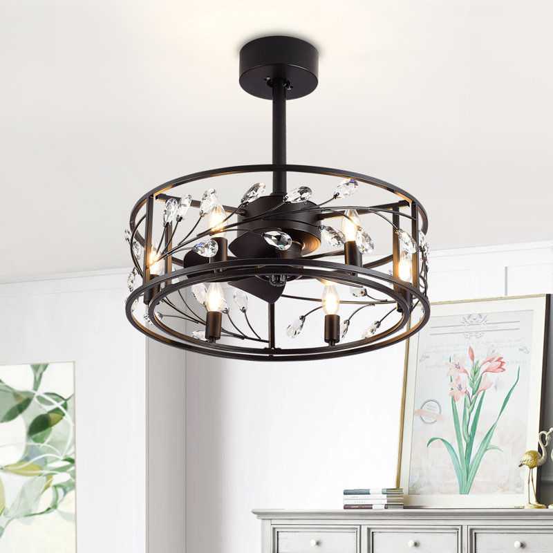 Sylvia 20" Caged Crystal Ceiling Fan With Remote Control and Light Kit Included, Black
