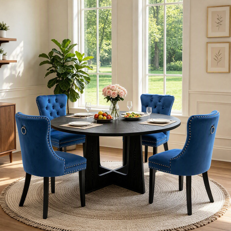 Ensemble de table à manger ronde 5 pièces pour 4 personnes, table de cuisine ronde en bois de 119 cm et 4 chaises rembourrées pour petit appartement