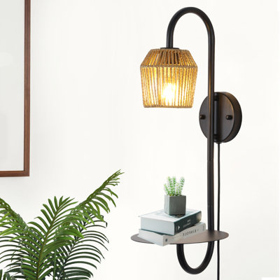 Alyza Rattan Plug-in Armed Sconce with Tray Table and Bulb Included
