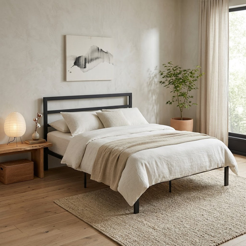 Queen Slat Headboard Design Bed, Charcoal Grey