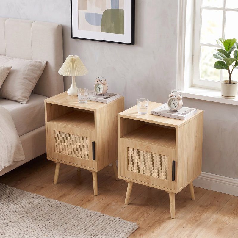 22.83'' H Rattan Nightstand, Side Table with Door Open Shelf, Accent Bedside End Table with Solid Wood Legs for Bedroom, Dorm and Small Spaces, Oak