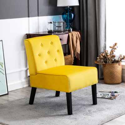 Fauteuil d'appoint en velours 53 po à 2 boutons sans accoudoirs, jaune, avec mousse douce de haute qualité, pour bureau à domicile et petit coussin de mousse jaune