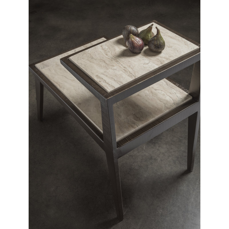 Contemporary Modern Adamo Side Table with Tiled Travertine Shelves