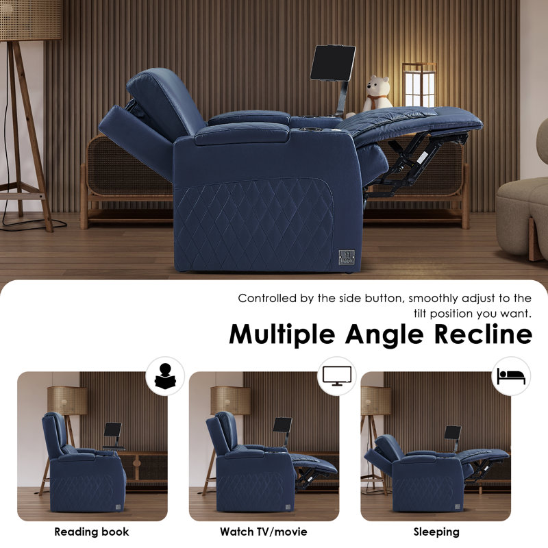 Haiylee Zero Gravity Home Theater Seating Top Grain Leather Recliner Sofa Power Headrest Footrest , Blue Genuine Leather