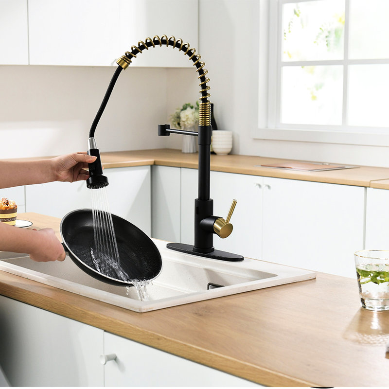 Robinet de cuisine sans contact avec douchette rétractable - Mains automatiques Smart, noir et or, contemporain, acier inoxydable, remplissage en céramique Smart Touchless