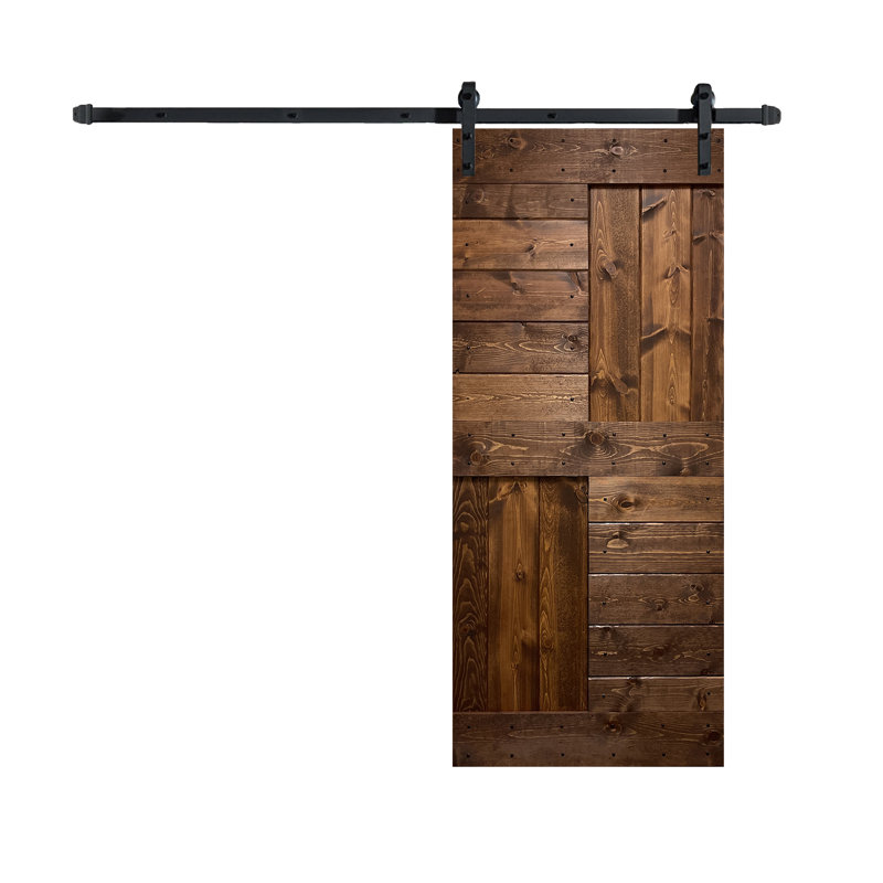 Porte de grange à panneaux en bois S Series avec trousse de quincaillerie d'installation, 36 po x 84 po, Noyer foncé