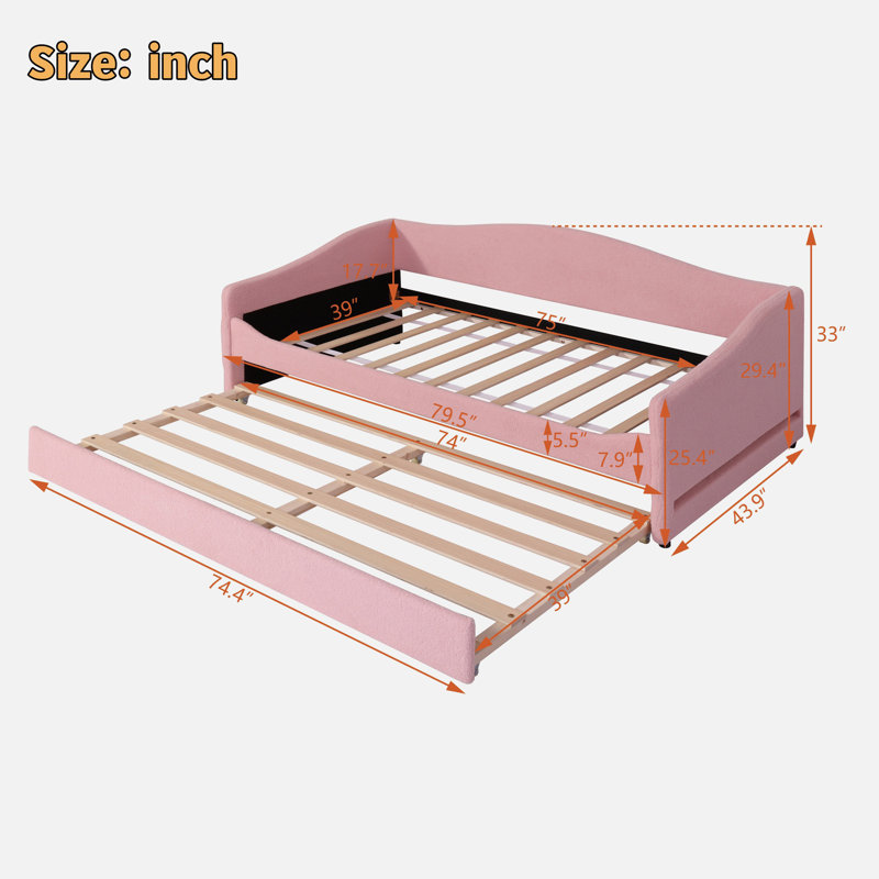 Keevin Teddy Fleece Daybed with Trundle and Smarter LED lights, Pink