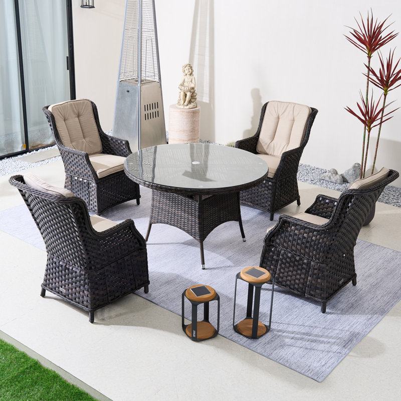 Ensemble repas rond extérieur avec coussins, 4, Beige/brun