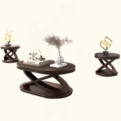 Retro Coffee Table Sets 3 Pieces, Wood Living Room Table Set Include Oval Coffee Table, Round End Table Set Of 2