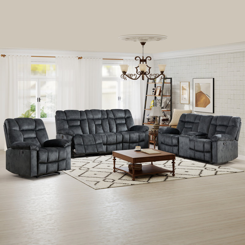 Ensemble 3 pièces inclinable manuel contemporain avec fauteuil inclinable, causeuse à 2 places et canapé à 3 places