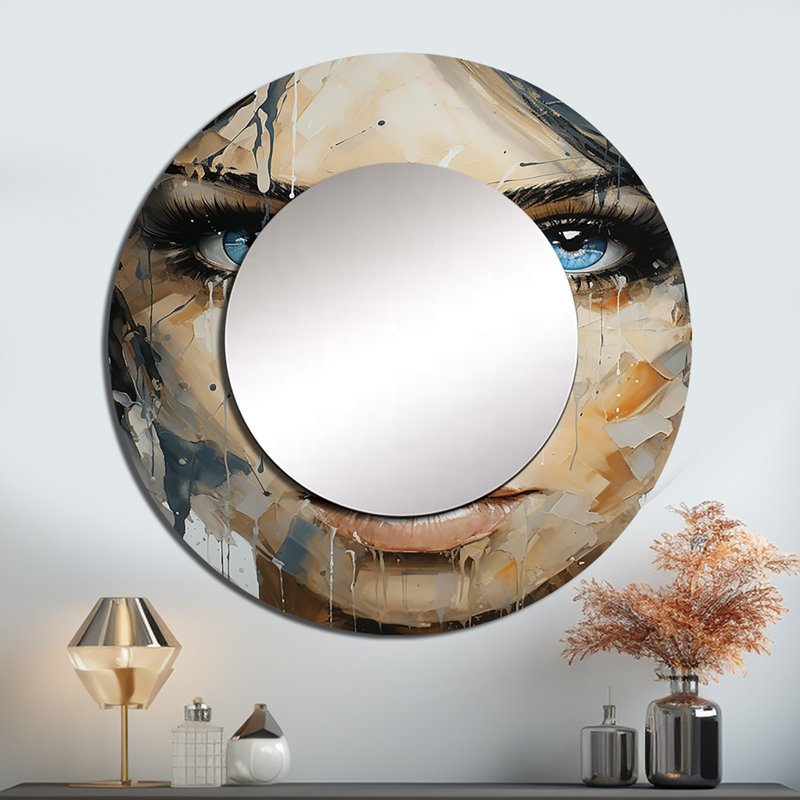 Portrait de femme abstraite - grand réalisme abstrait, miroir mural rond beige, impression sur métal, 23 po x 23 po