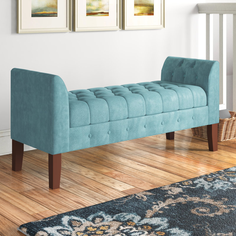 Banc de rangement à couvercle rabattable rembourré, Velours bleu sarcelle