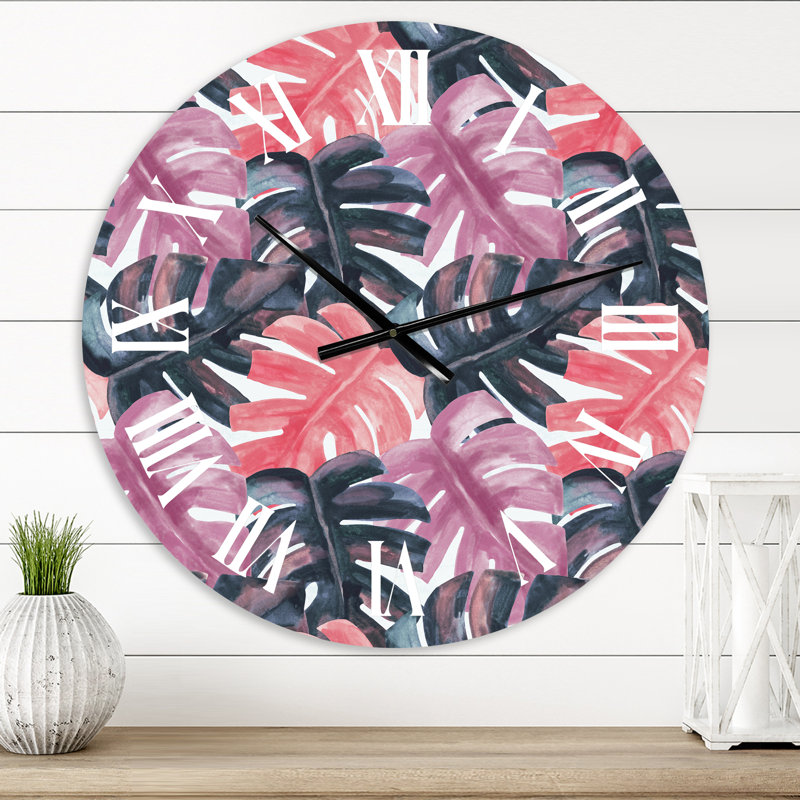 Horloge murale colorée Monstera On Rough Brush Strokes II, Moyen