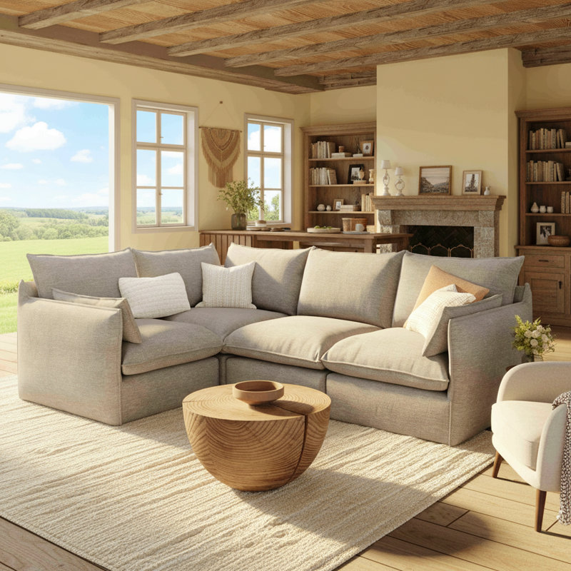 Rinnes 96.6'' Modular Cloud Sofa: 4-Seat Linen-Blend Upholstered Sectional with Ottoman & Down-Filled Cushions – Plush, Soft Couches for Living Rooms