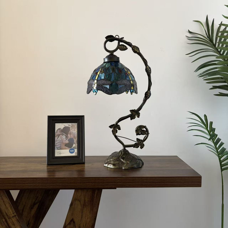 Copemish Tiffany Table Lamp Dragonfly Stained Glass LED Bulb Included Iron Metal Leaves 11"W*8"D*21"H, Green/Red/Light Blue