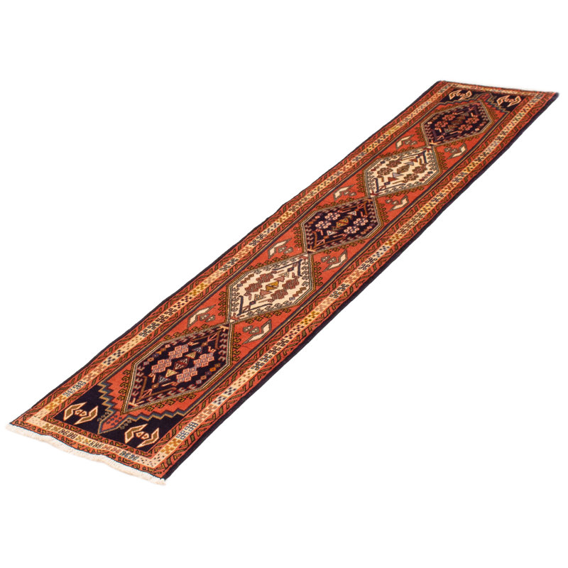 Tapis de couloir unique en laine noué à la main de style nouvel âge 2 pi 1 po x 9 pi cuivre foncé / orange / bleu marine Jesse-James