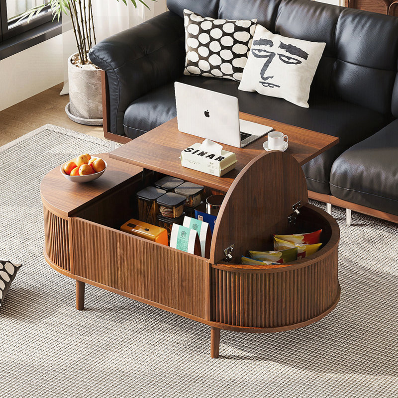 Table basse ovale à plateau relevable avec rangement caché et finition grain de bois, Marron antique