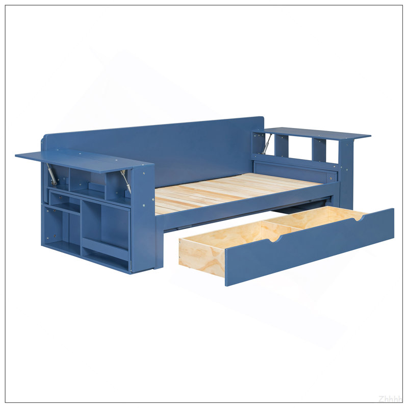 Grand lit de jour avec bureau amovible, tiroirs de rangement et table d'appoint hydraulique, bleu, Bleu