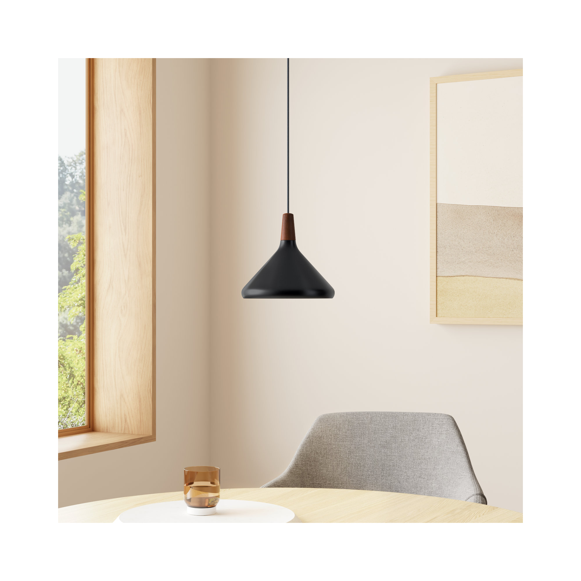 Drew Single Light Metal Dimmable Pendant, 10.5" H x 7" W x 7" D, Walnut/Black