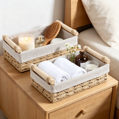 Wicker Storage Basket with Wooden Handles, 2 Pack Paper Rope Decorative Baskets for Toilet Paper, Bathroom Organizer for Toilet Tank Top, Shelves, Countertop, Bedroom, Home Office Storage Bins
