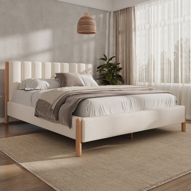 Bed Frame with Boucle Upholstered Thick Headboard, Queen