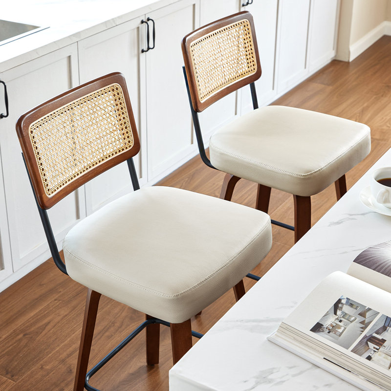 Swivel Counter Height Bar Stools Set of 2,Mid Century Modern Barstools with Rattan Back,27 inch Seat Height Solid Wood Kitchen Island Stools,Beige Faux Leather Upholstery Bar Chairs