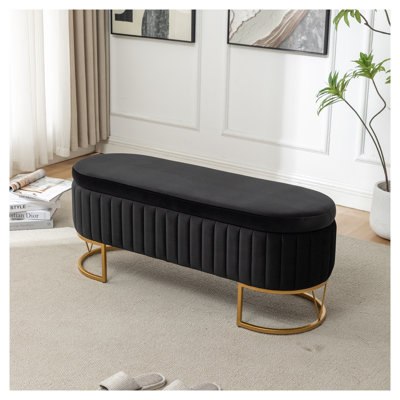 Banc de rangement ovale en velours avec siège rembourré, noir