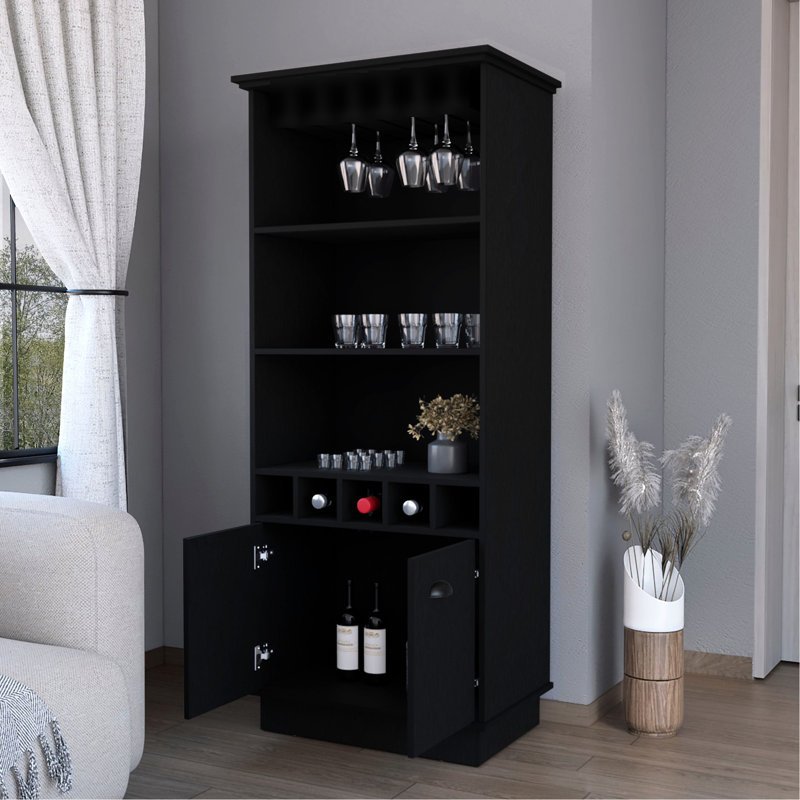 Meuble-bar noir avec étagère à verrerie et tablette spacieuse avec support intérieur fonctionnel